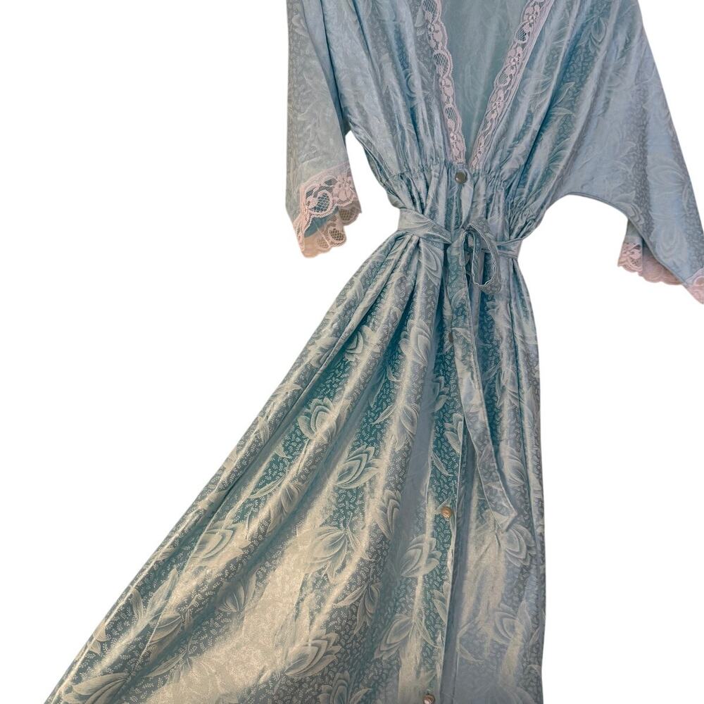 Vintage 80s Pastel Baby Blue Floral Embossed Lace Robe Gown - Picture 3 of 9